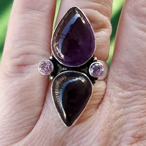 New Huge Amethyst & Pink Topaz 925 Silver Ring.